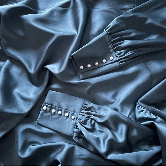 Eloquii Teal Long Sleeve Wrap Dress with pearl buttons - Picture 4 of 10